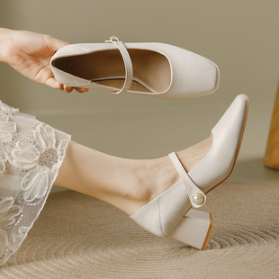 X506-Z62 French Single Shoes Women's Summer 2024 New Square Toe Thick Heel High Heels Mary Jane Belt