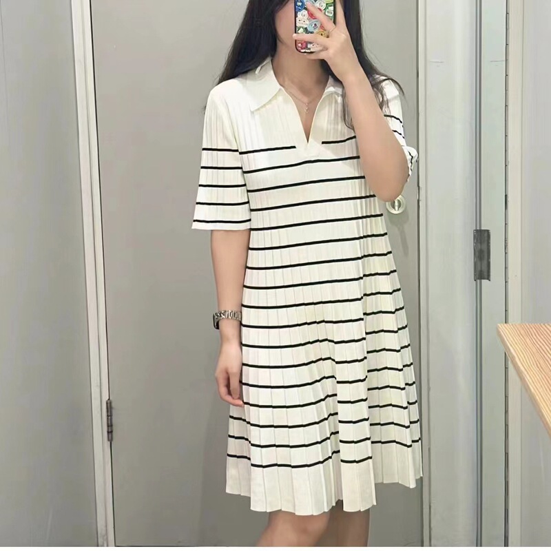 CS Women's Standard Striped Knit Polo dress Skirt 2024 Summer New 1227426002