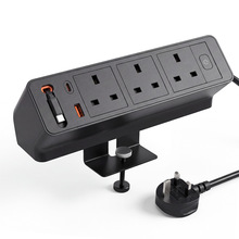 带数据线夹桌式排插英标3电源USB-A+C 20W快充可伸缩数据线带开关