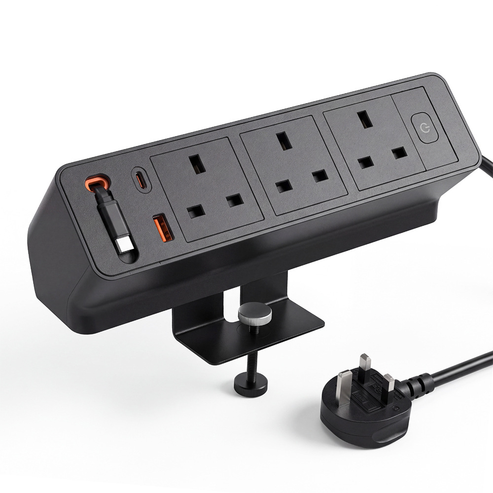 带数据线夹桌式排插英标3电源USB-A+C 20W快充可伸缩数据线带开关