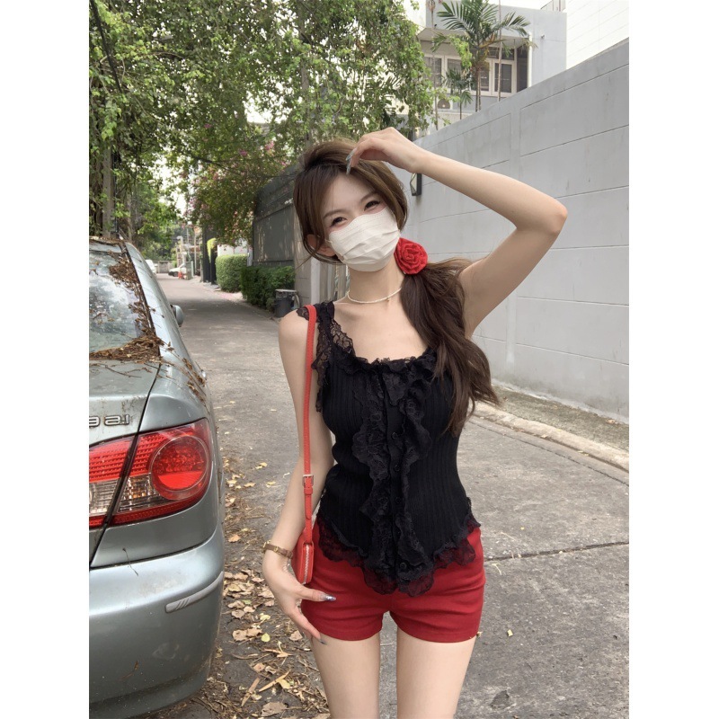 夏季新款设计感蕾丝拼接无袖背心吊带女夏季纯欲修身显瘦百搭短款|undefined