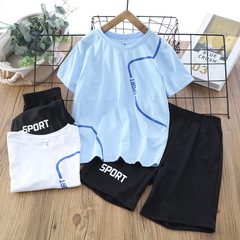 男童套裝2024夏季新款網紅t恤短褲兩件套中大男童冰絲T恤運動套裝