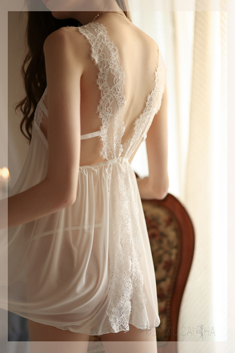 Wine-Red Lace Mesh Babydoll Nightgown with Short Skirt Design, See-Through Wholesale Lingerie — detail image 13
