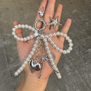 Korean chic new sweet pearl bow silver love pendant car keychain pendant versatile bag pendant