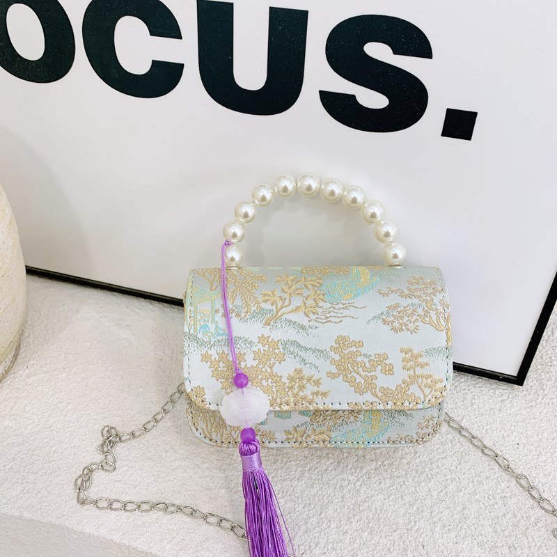 Bolsas de niños nuevas bolsas de mano de perlas de estilo nacional, bolsas de cadena de arco de bordilla princesa, bolsas de hombro de moda nacional de niñas lotes