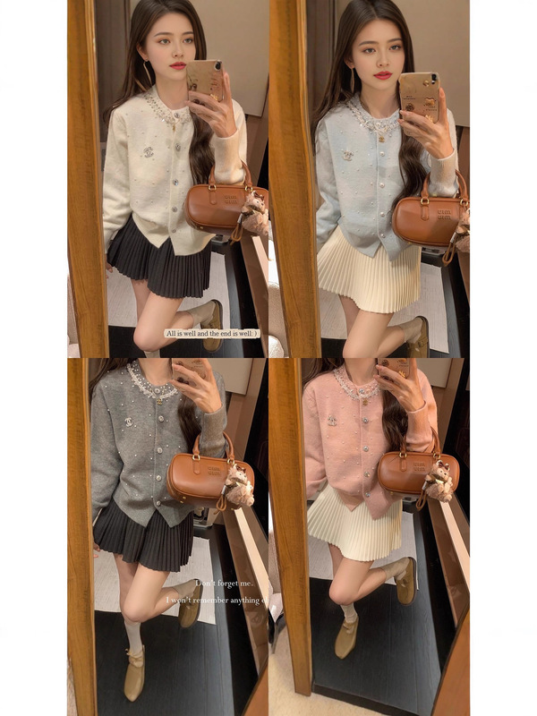 法式小香风重工镶钻钉珠圆领针织开衫女秋冬新款软糯针织毛衣外套|undefined