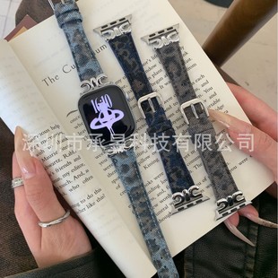 Suitable for Apple Arc De Triomphe Denim Retro Leopard Print Leather Strap Apple Watches10/9/8/Se7