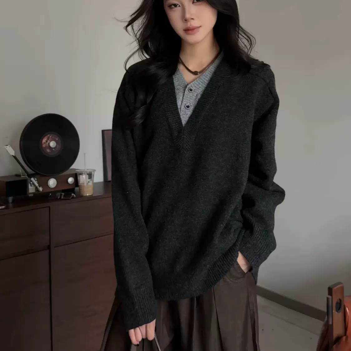 美式复古假两件V领毛衣男春秋cleanfit休闲内搭打底衫潮流针织衫