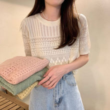 韩国chic夏季甜美圆领套头设计感镂空提花泡泡袖针织衫