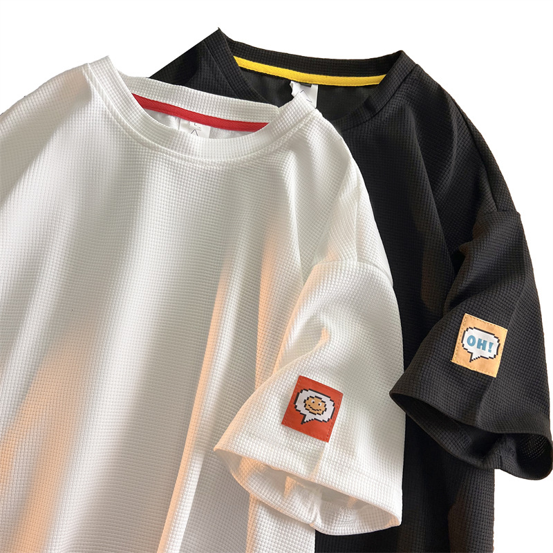 Waffle pesada manga corta verano de los hombres suelta cuello redondo Camiseta marca de moda etiquetado simple moda media manga pareja camiseta
