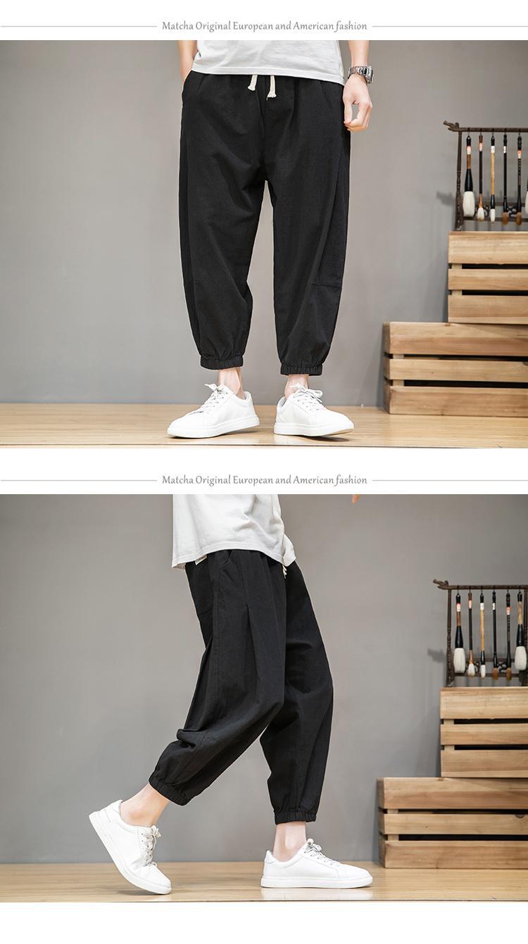 Pantalon lanterne en coton et lin de sport d'été à sept points, pantalon ample à la cheville Haren pour hommes_voghion.com