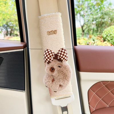 anti-collar protective cover car decoration Seat belt shoulder pad - bow-side-body-capibala-teddy-velvet-shoulder-pad-1-beige
