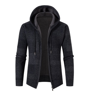 Foreign Trade Cross-Border Winter New Men's Casual Sweater Hooded Casual Plaid Knitted Jacket Velvet Thickeneded Cardigan