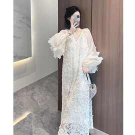 超仙小众设计立体花朵连衣裙宽松显瘦仙女裙春季针织面料纯色