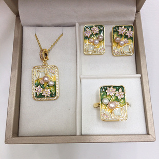 Monet Garden Middle Ancient Oil Painting Natural Freshwater Pearl Pendant Earrings Ring suit Live Foreign Trade Wholesale