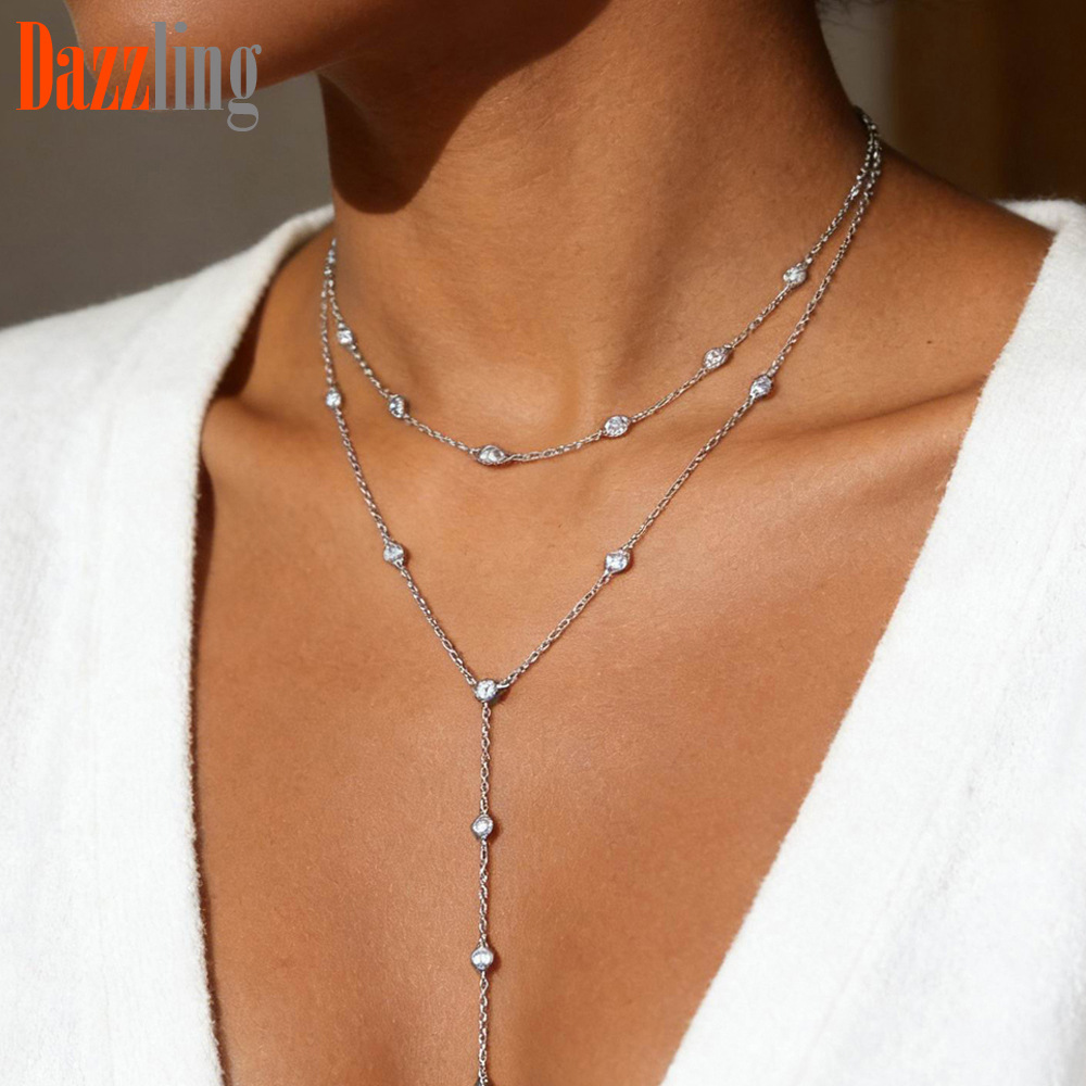 Women’s Round Zircon Double Chain Pendant Necklace Simple Versatile_voghion.com