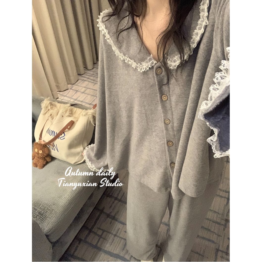 한국 스타일 인스타그램 스타일 잠옷 여성 봄 가을 귀여운 레이스 인형 칼라 긴 소매 바지 인터넷 연예인 핫 스타일 홈 의류 세트