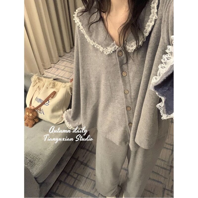 Korean Style Instagram Style Pajamas Women's Spring and Autumn Cute Lace Doll Collar Long Sleeve Trousers Internet Celebrity Hot Style Home Clothes suit