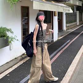 条纹抹胸吊带背心女25夏季辣妹修身时尚洋气绑带修身显瘦衬衫上衣