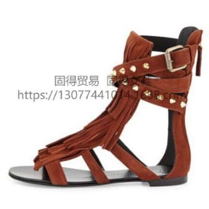 Трансграничная независимая станция ins модный подиум на плоской подошве с бахромой короткие сапоги с заклепками женские сандалии