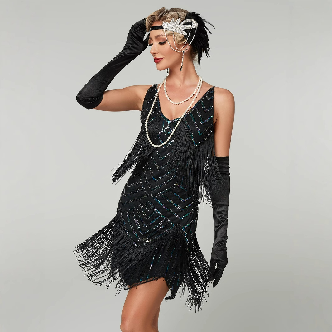 1920 Retro Style Sequin Dress Beaded Party Ball Dress Front and Rear V Neck Fashion Tassel Dress Skirt