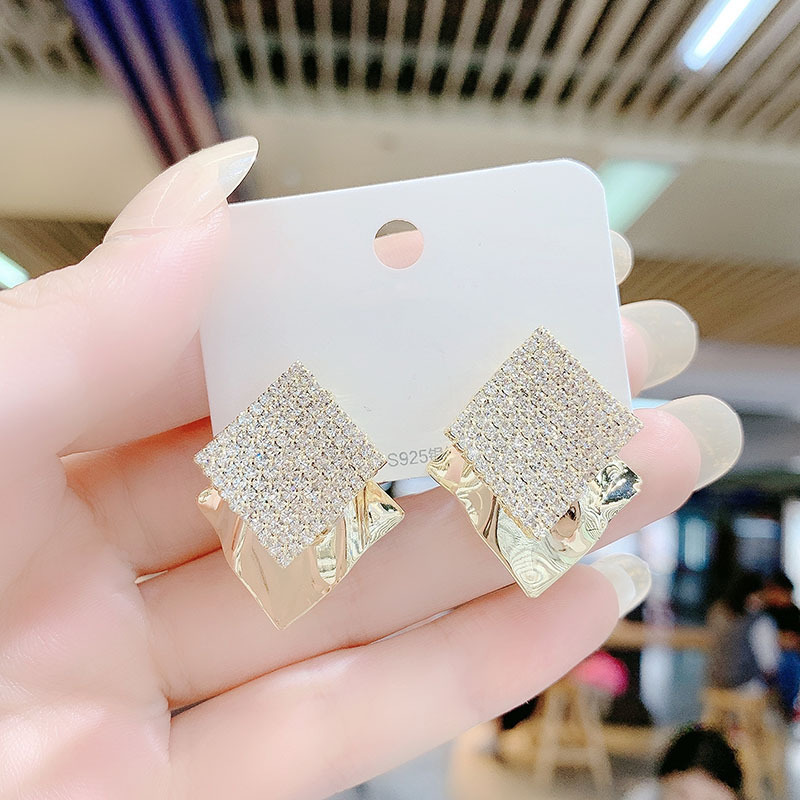 S925 silver needle metal diamond-embedded geometric earrings South Korea elegant super shiny personality simple exaggerated Internet celebrity earrings