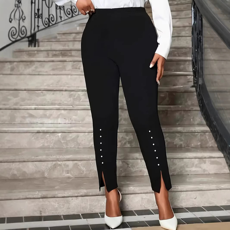 Women's Elegant Pearl-Decorated Side-Slit Skinny Capri Pants - Casual Wear for Spring, Summer, and Autumn, High Elasticity