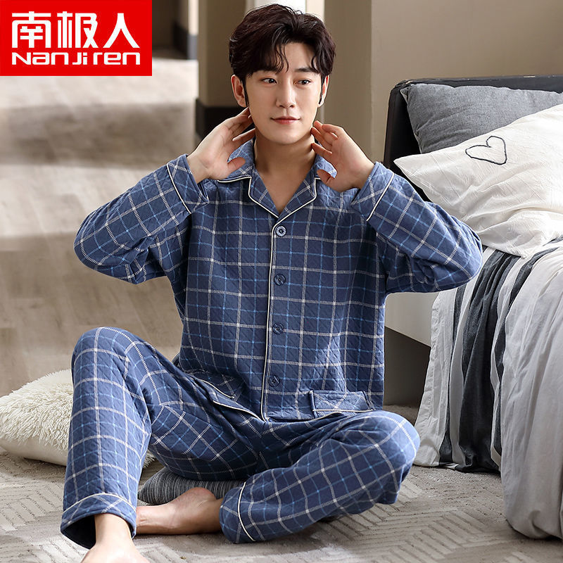 Pijamas hombres 100% algodón Otoño e Invierno Nuevo más tamaño joven y de mediana edad intercalar espesado cálido traje de primavera y otoño