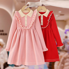 Girls' Autumn New Knit Long Sleeve Collar Dress Fashion Trendy Academy Style Autumn/Winter Children's Wool Dress