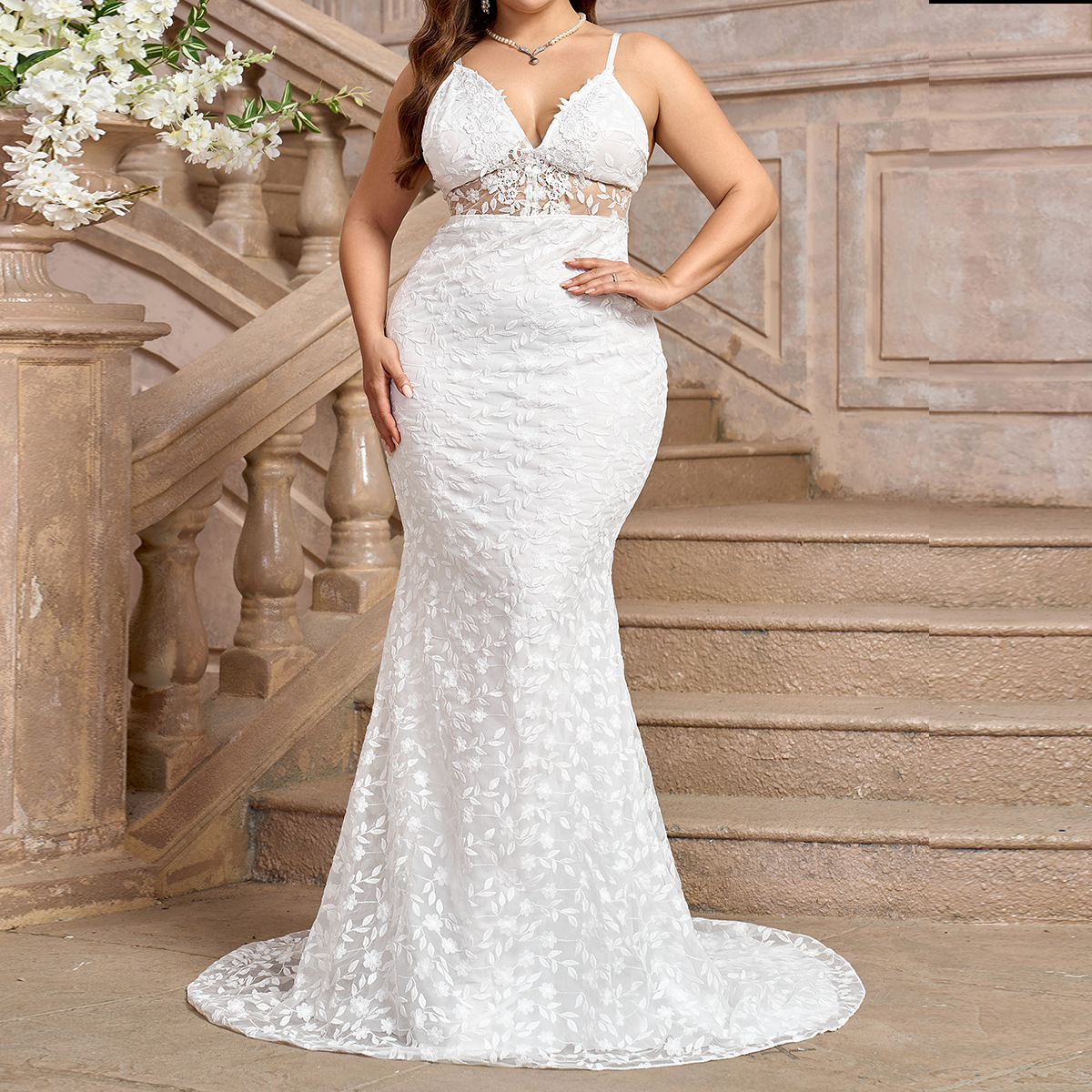 White V-neck Evening Dress For Women Long Trailing Wedding Style_voghion.com