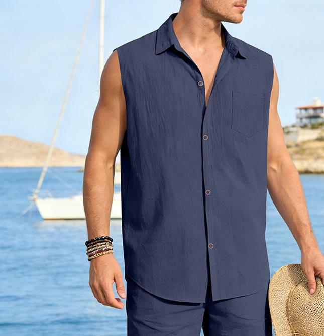 Chaleco de lino sin mangas para hombre estilo casual verano_voghion.com