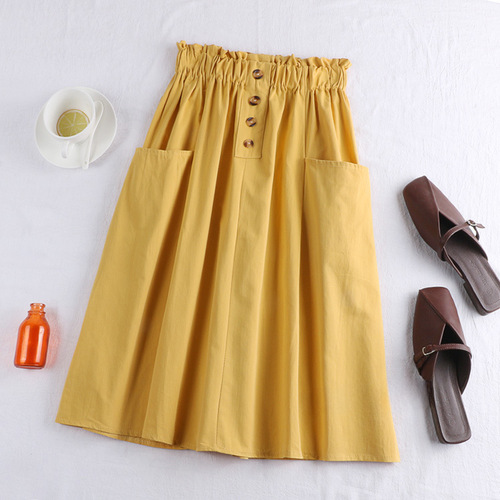 Button Half Body Skirt Spring and Summer Youthful and Elegant Women's Han Style Japanese Style Elastic Waist Medium Length Casual A-line Skirt