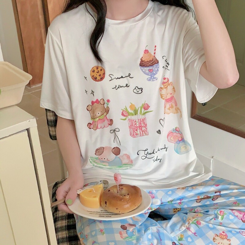 Reefur Rinka Summer Pajamas with Round Neck, Sweet Pet Print, Loose Short-Sleeve Top and Long Pants Loungewear Reefur Rinka Summer Pajamas with Round Neck, Sweet Pet Print, Loose Short-Sleeve Top and Long Pants Loungewear