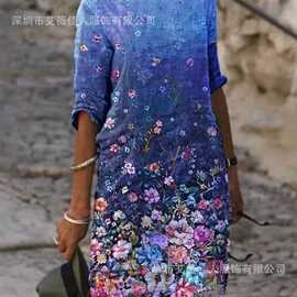 2022热卖欧美速卖通亚马逊新款花卉印花中袖圆领A字休闲连衣裙