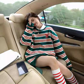 多巴胺美式慵懒风条纹长袖圆领正肩卫衣高级感秋装女款2024年新款