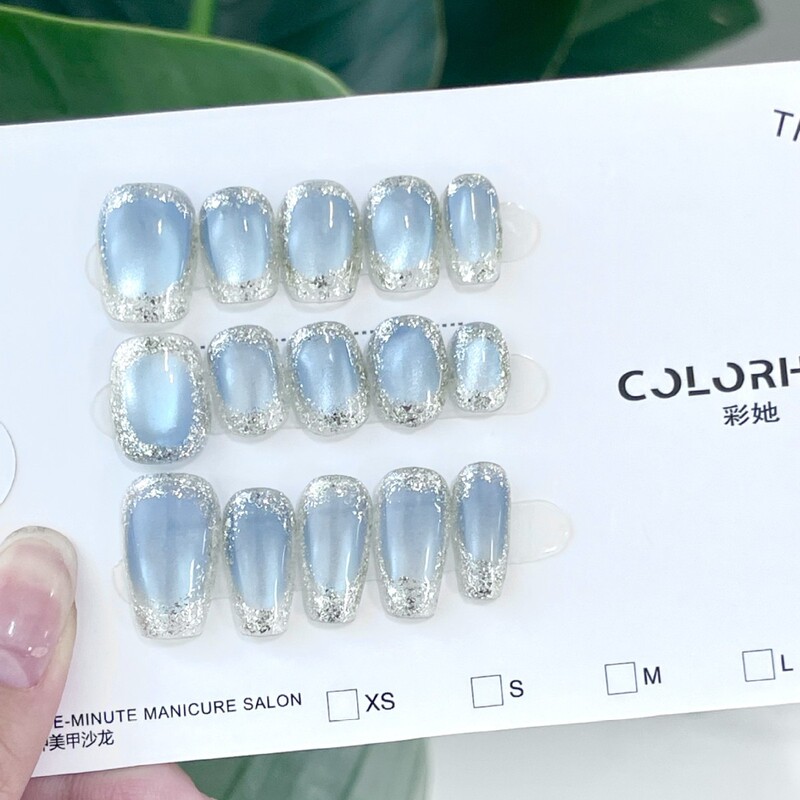[Glaciersapphire] Purely Handmade Wearable Nails, High-End Blue Ice-Transparent Cat-Eye Elegant, Whitening Nails