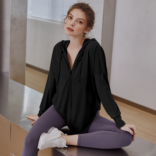 Loose yoga jacket, women's hooded zipper cardigan, thin long-sleeved sports top, sun protection clothing, slimming fitness clothing