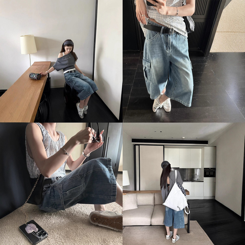 Superniniyy Heavy-Duty Multi-Pocket Blue Loose Versatile Workwear Style Cropped Jeans for Women Summer 3592