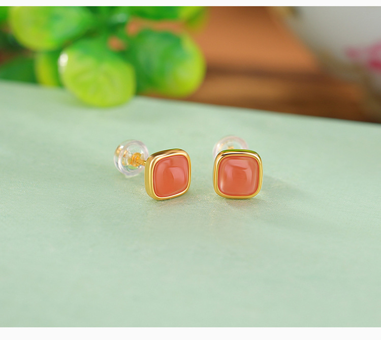 Bông tai bạc S925 mạ vàng hồng hình vuông đính đá kim cương phong cách retro — Kiểu cỡ nhỏ chi tiết 4