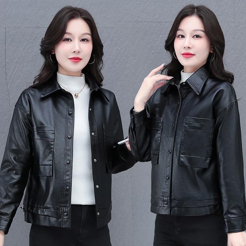 [Not fleece-lined/fleece-lined] fashion casual lapel single-breasted leather women's autumn and winter new fleece-lined warm coat