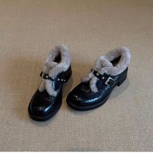 羊皮版~时尚英伦风水洗皮粗跟乐福鞋女皮带扣铆钉加绒保暖小皮鞋