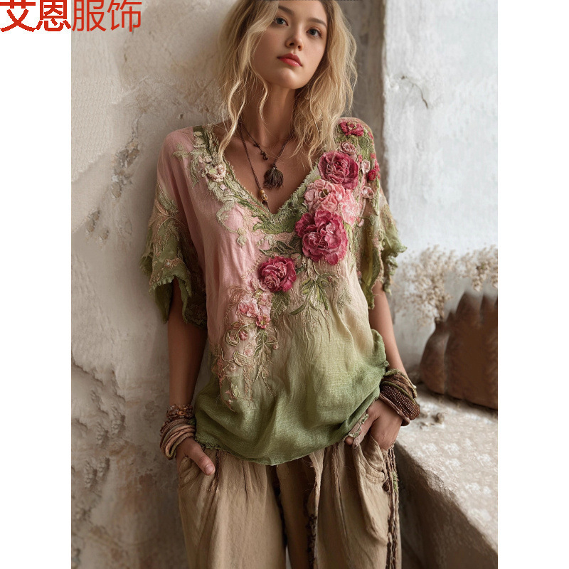 Cross-Border European and American Summer New Style Elegant Artistic Retro Style Short-Sleeved Tops for Women