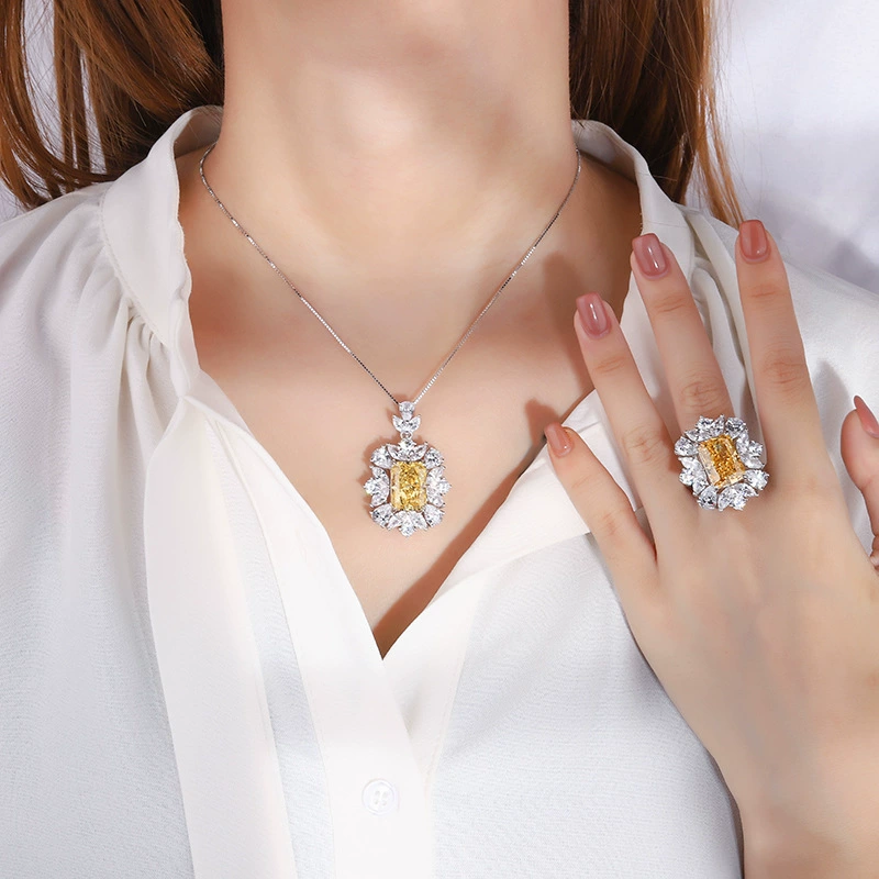Ювелирные изделия S925 серебро Caibao высокоуглеродное бурение желтый бриллиант подвеска ожерелье кольцо набор основной камень 10*14