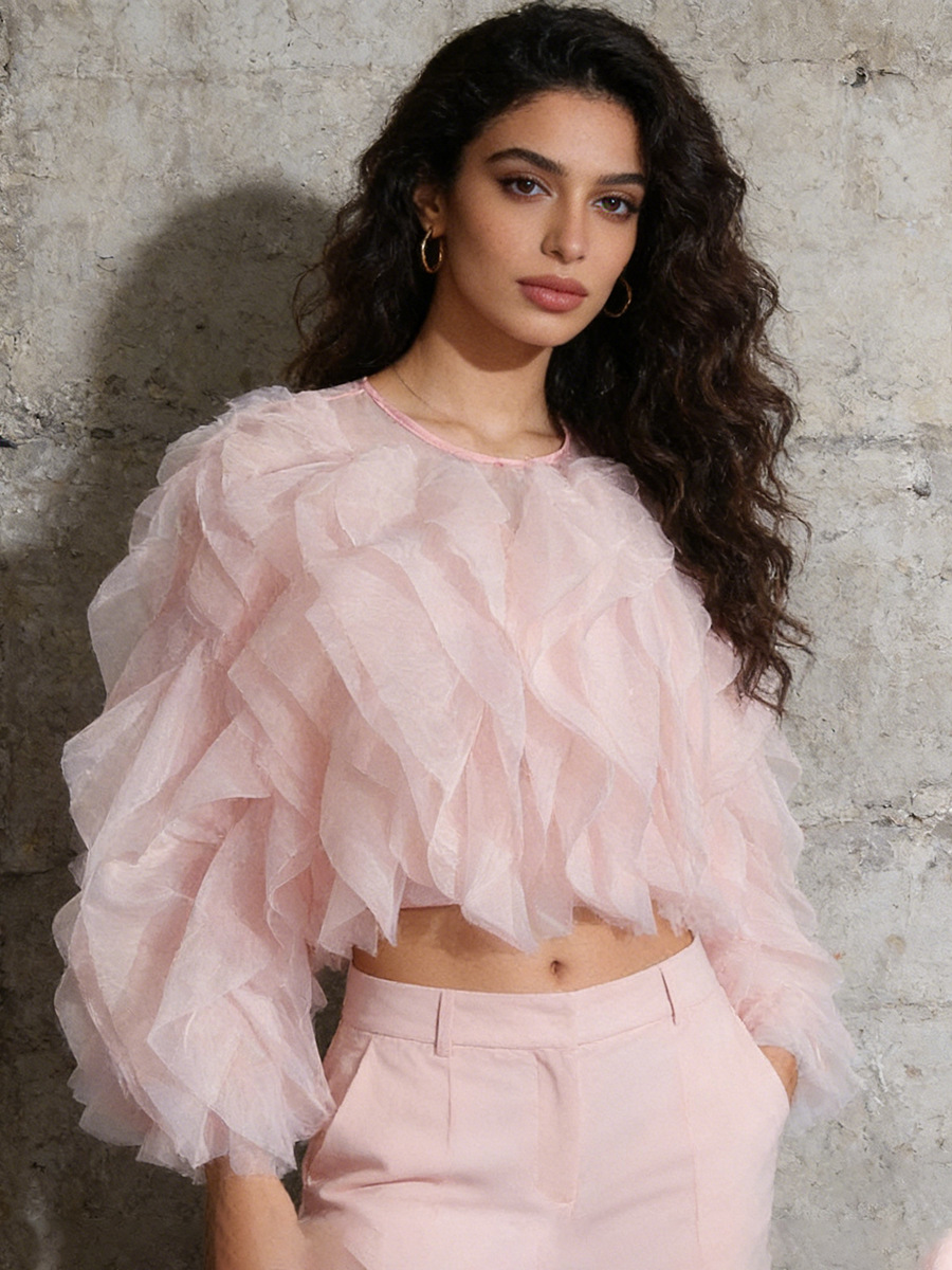 Blusa Corta Elegante y Moderna, Estilo Primavera-Otoño 2026, Camisa de Alta Gama con Cuello Redondo y Volantes para Mujer