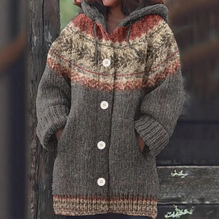 Autumn and Winter New Cross-border European and American-style plus size Women's Long-sleeved Retro Hooded Sweater Jacket Knitted Cardigan