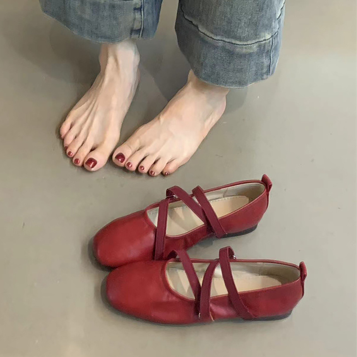 양가죽 버전 ~ 프렌치 크로스 스트랩 레드 메리제인 슈즈 플랫 슈즈 여성용 펌프스 이브닝 바람 요정 발레 슈즈