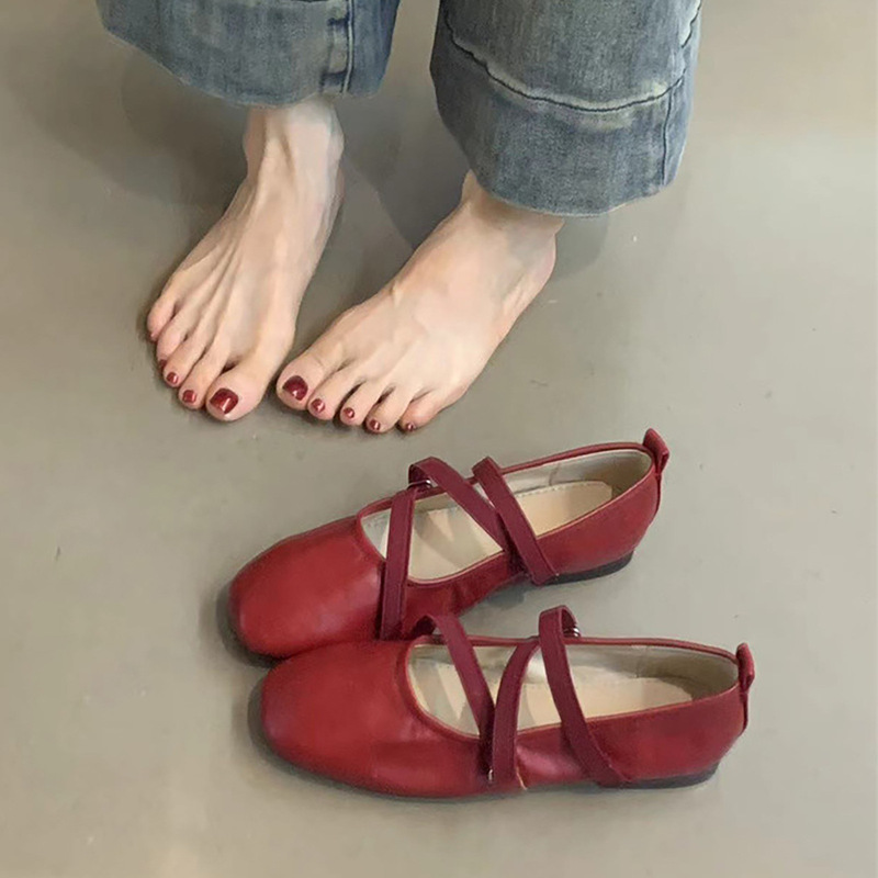 Sheepskin Version ~ French Cross Strap Red Mary Jane Shoes Flats Shoes for Women Shallow Mouth Evening Fairy Ballet Shoes