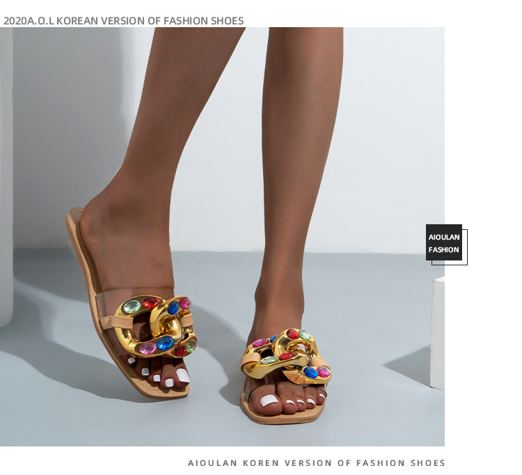 Ciabatte Cross Border Nuovi sandali piatti da donna con strass color caramello Pantofole trasparenti con fibbia in metallo moda femminile_voghion.com