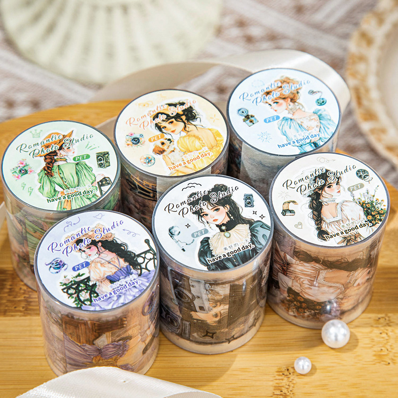 Un buen día PET cinta de corte de matriz romántico estudio de fotografía retrógrado personaje tema pegatinas de material de contabilidad