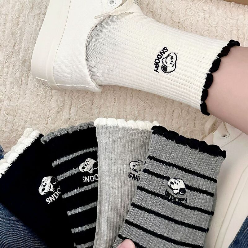 Embroidered Snoopy Lace Socks Women's Mid-Calf Socks Ins Trendy Korean Style Simple Versatile Stripesd Stockings Preppy Style